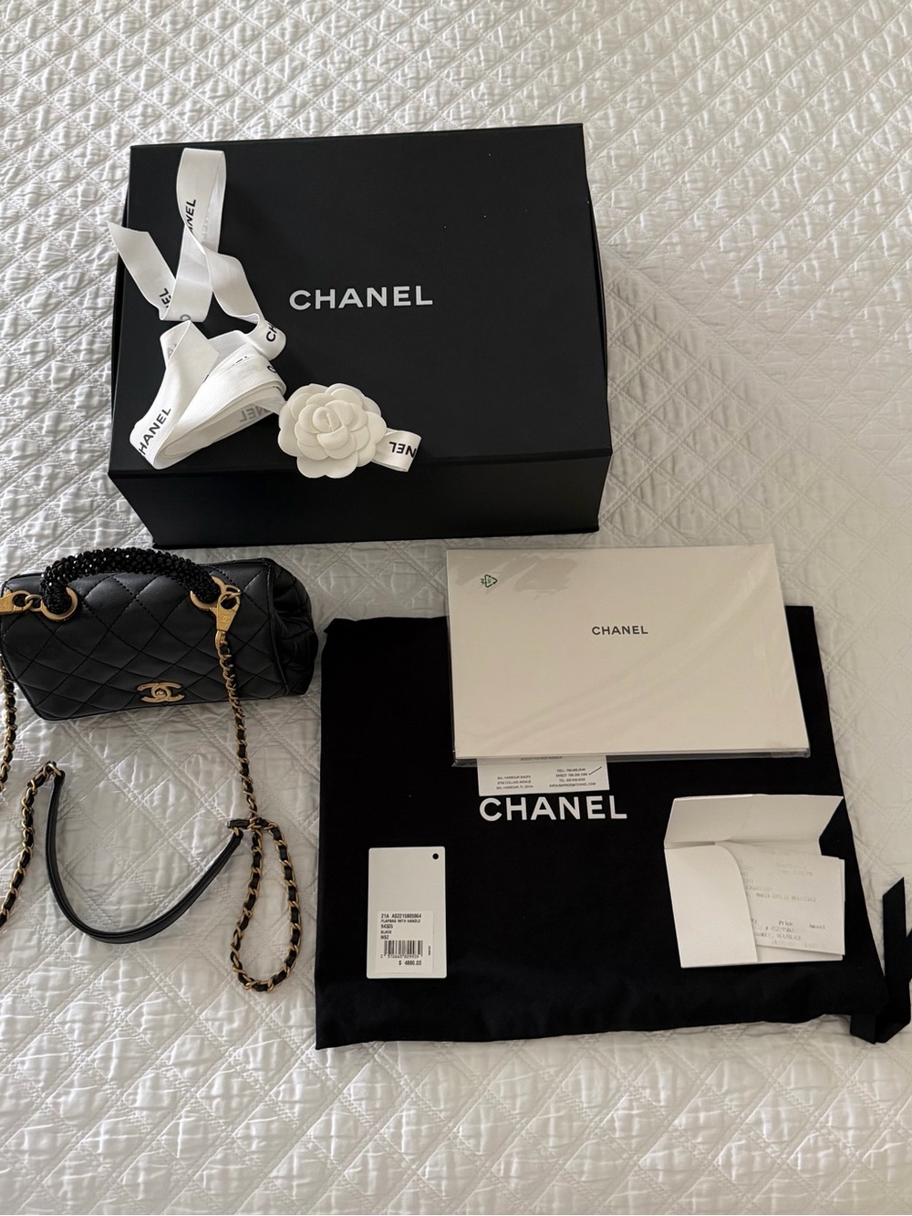 CHANEL Mini Flap Black Quilted Lambskin with Beaded-Handle Shoulder Bag. - Picture 4 of 16